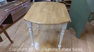ROUND BEIGE AND WHITE TABLE WITH TWO CHAIRS