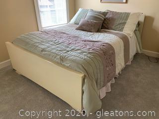 Chalk-Painted Full Size Bed Frame on Wheels Includes Clean, Barely Used Mattress and Bedding