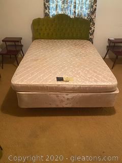 Vintage Tuffed Velvet Full Sized Headboard ,Rolling Frame , Full Sized Mattress and Box Spring