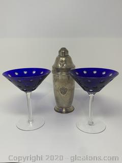 Faberge' Sterling Grand Duke Shaker with Two Galaxie Martini Glasses -  S & K Ltd.