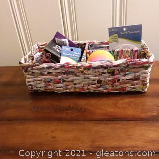 Handcrafted 3 Section Basket Woven from Colorful Recycled Magazine Pages (Includes Contents)