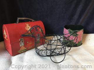 FARMHOUSE DECOR LOT, WROUGHT IRON DUCK BASKET, VINTAGE PAINTED LUNCH BOX, HANDPAINTED METAL PLANTER