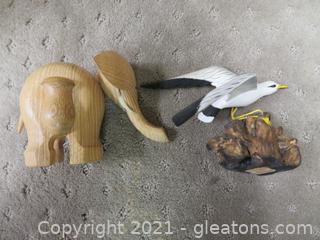 Hand Carved Wood Elephant Figurine Doll House Wild Life Collectible and Hand Carved Seagull on Wood