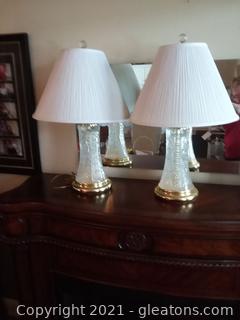 Pair of Gorgeous Crystal and Brass Lamps with Shades 