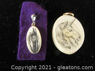 2 Scrimshaw Jewelry Pieces Made By Hand  / Bearded Iris and Unicorn / See Description for Sizes