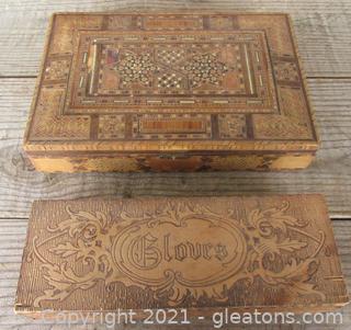 Two Old Wooden Boxes / One Is for Gloves and The Other One Has Wood Inlay on the top and On the Sides / Both Appear to be handmade