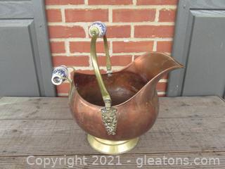 Vintage Copper & Brass / Lion Head / Scuttle Pails / Delft Porcelain Handles /Ash Coal Fireplace