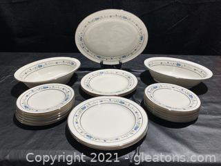 “Norma” by Noritake Beautiful Blue Floral Pattern, (2) Veg. Bowls, (1) Platter, (4) Salad Plates (12) Dessert Dishes