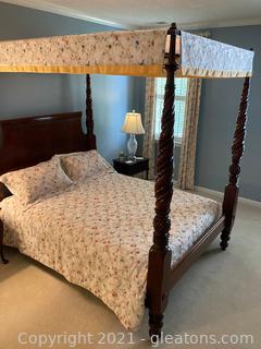Dramatic Mahogany Finish 4 Post Canopy Queen Bed--Rich Tropical Detail, Turned Posts Rest on Carved Pineapples Mattress Not Included