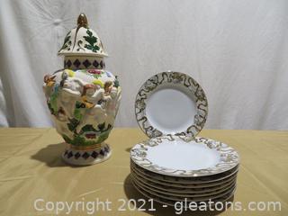 Lot of 8 American Atelier Heavenly Hosts 8” Dessert/Salad Plates and Handpainted Cherubs Covered Urn