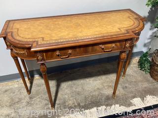 Maitland Smith Inlaid Mahogany One Drawer Console Table W/Beautiful Embossed Print on Table Top