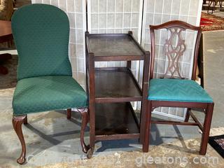 Lot of 3, Mahogany Rolling Cart (3 Tier) , Cushioned Dining Chair, Upholstered Dining Chair W/Green Fabric