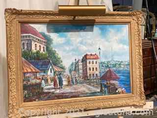 Beautiful Paris Street Scene Oil Painting W/Large Gold Frame and Gallery Light(Electrical)