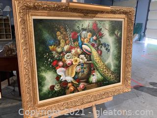 Gorgeous Large Canvas Art by Man Yushing, Lush Floral Arrangement W/Impressive Peacock and Cockatoo