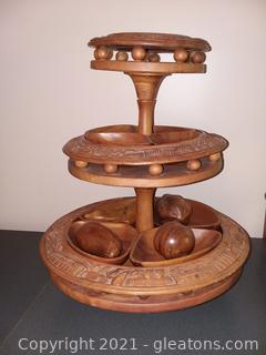 3 Tier Monkey Pod Wood Lazy Susan Serving Tray Centerpiece with 4 Hand Carved Wooden Fruit Pieces