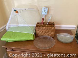 Summertime Picnic Lot 7 Plstes, Grill Spatula, Meat Fork, Bowl Umbrella , Meat Malet and Silverware Basket Lot of 13 Items