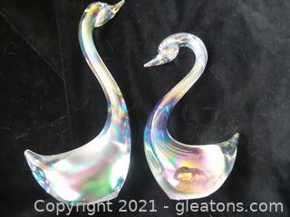 TWO IRIDESCENT GLASS SWAN FIGURINES 