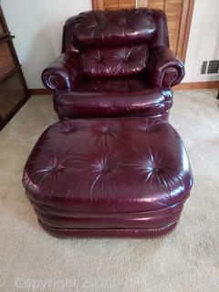 Nice Broyhill Burgundy Rolled Armed Leather Chair with Nailhead trim and a Matching Ottoman