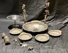 Silver Plated 5 Piece Shell Serving Set, Footed Candy Dish, 3 Long Stem Silver-Plated Roses, 2 Silver Plated Rosebud Vases