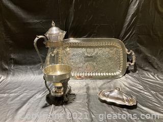 Silver Kettle with Warmer on Footed Stand, Butter Dish W/Lid, Footed Rectangular Serving Tray 8 Items