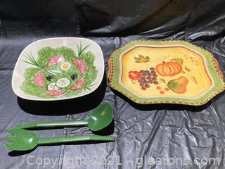 Beautiful Hand Painted “Los Angeles Pottery” Salad Bowl and Salad Tongs W/Beautiful Platter