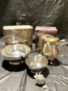 Int’l Silver Company 2 Qt Silver Plated Pitcher W/Ice Guard, Paul Revere Gorham Silver Plate Bowl (9”), 6” Silver Plate bowl, W.M. Rogers S.P. Apple