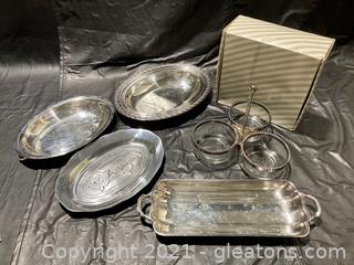 Elegant Service Set: Relish Caddy W/Glass and S.P. Trim, 3 oval dishes, 1 rectangular dish with handles