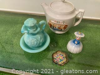 Hand-Painted Teapot, Blue/Green Vintage Avon Bud Vase, Porcelain Daisy Girl , 2 Tiny Metal Hand Painted Tiny Trays