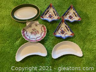 2 Crescent Shapes Dishes, 1 Shell Shaped Dish, 3 Nasco Triangle Dishes, 1 Green Stripe Oval Dish , Lot of 7