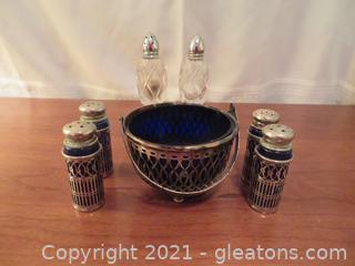 Blue Glass Bowl in Silver Bucket, 4 Blue and Silver Salt and Pepper Shakers Plus Glass Salt and Pepper Shakers