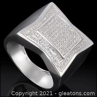Dressy Mens 14K White Gold Over Solid Sterling Silver 0.60 CTW Diamond Size 11 Designer Ring