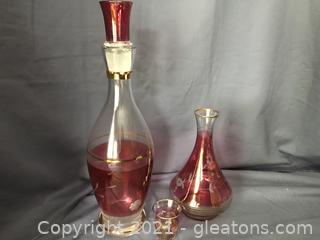 Cranberry Decanter, vase and shot glass