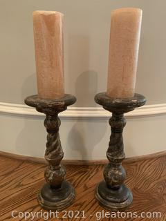 Pair of Wooden Pillar Candle Holders with Candles 