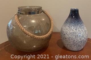 Lantern with Rope Handle and Crate and Barrel Blue Ombre Vase