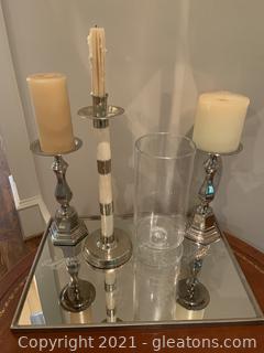 Mirror Tray with Four Candle Holders 