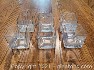 6 Glass Cube Vases and 1 Bag of Black Stones 