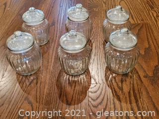 6 Anchor Hocking Ribbed Lidded Glass Jars 