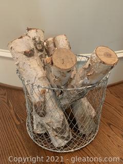 Metal Wire Basket with Faux Birch Logs