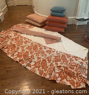 Teal and Coral King Bedskirt Extra Fabric and Matching Decorative Pillows (Matches Drapes in separate lot)