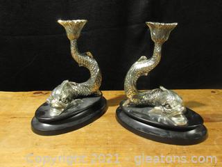 Vintage Heavy Silver Tone Koi Dolphin Fish Candlesticks / Bookends