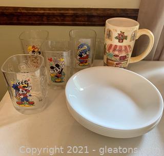 6 Corelle Soup Bowls, Mickey Mouse Collectors & Coffee Cup 