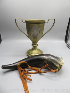 Vintage Drinking Horn and Brass Trophy