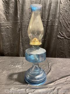 1955 Oil Lamp W/ Blue Pebble Glass 