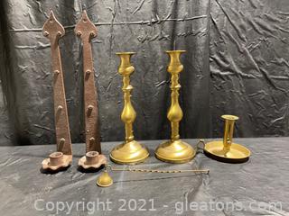 Brass & Metal Candelstick Lot W/ Brass Snuffer (Lot of 6) 