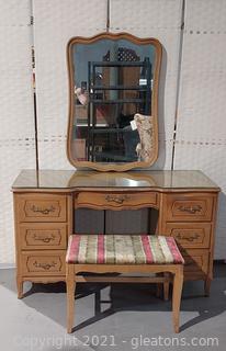 1947 French Provincial 7 Drawer Vanity with Mirror-Vanity Has Protective Glass Top (Goes with 2413, 2414, 2417)