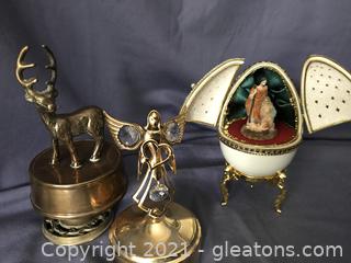 Unique music boxes Angel 24k gold plated with crystals solid brass deer, nativity scene in egg when opened