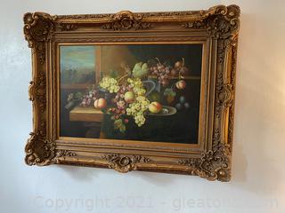 Beautiful Still Life Oil Painting of Fruit on Platter on Wood Table Framed in Ornate Burnished Gold Frame