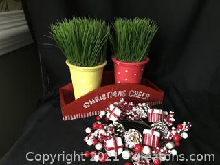 Christmas Decor, Red and white candle ring or small wreath, painted tins with greenery, box