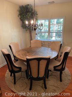 Beautiful Ashley Furniture Round, Pedestal Farmhouse Table W/ (6) Upholstered Chairs W/ Nail Head Trim