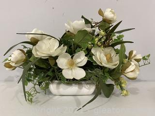 Faux Southern Magnolia Flowers in White Glass Planter